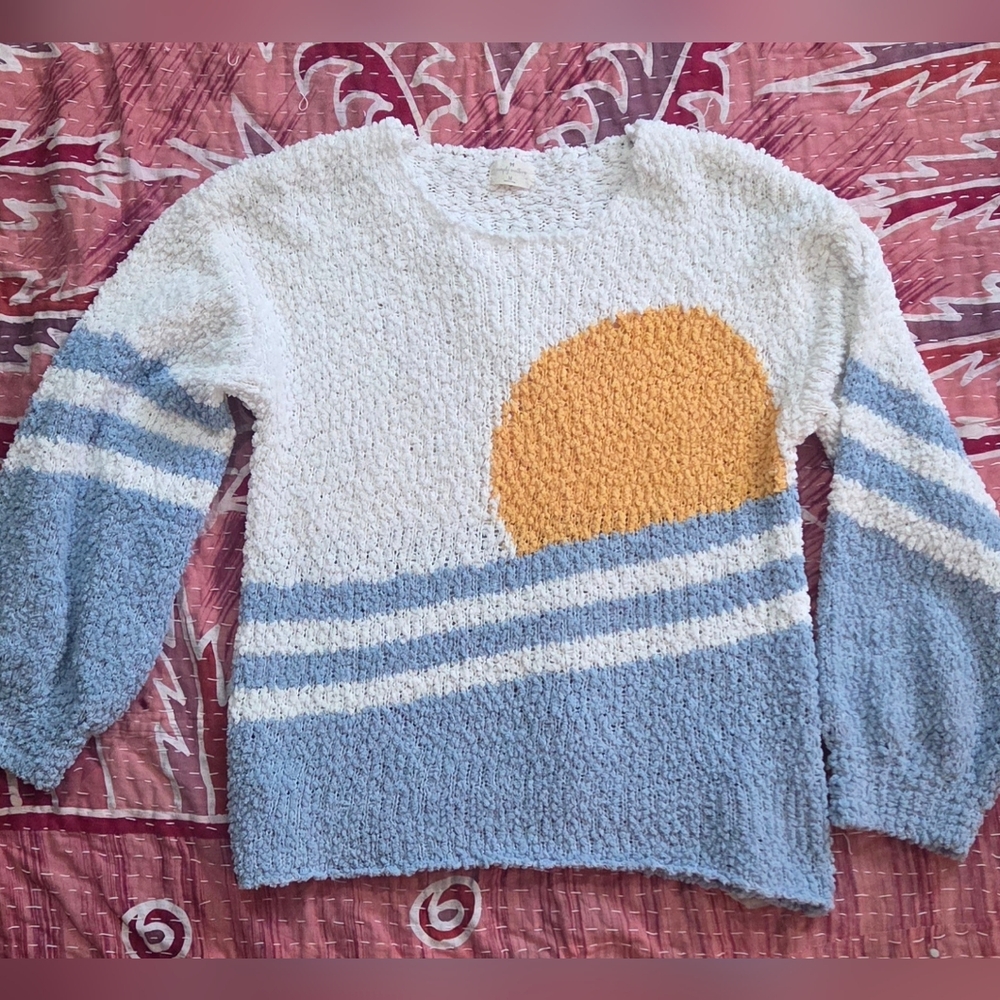 Simply Southern Cozy Blue and White Sweater with Yellow  Accent